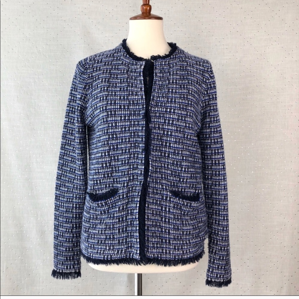 J. Crew blue Fringe Tweed Sweater Jacket Sz M